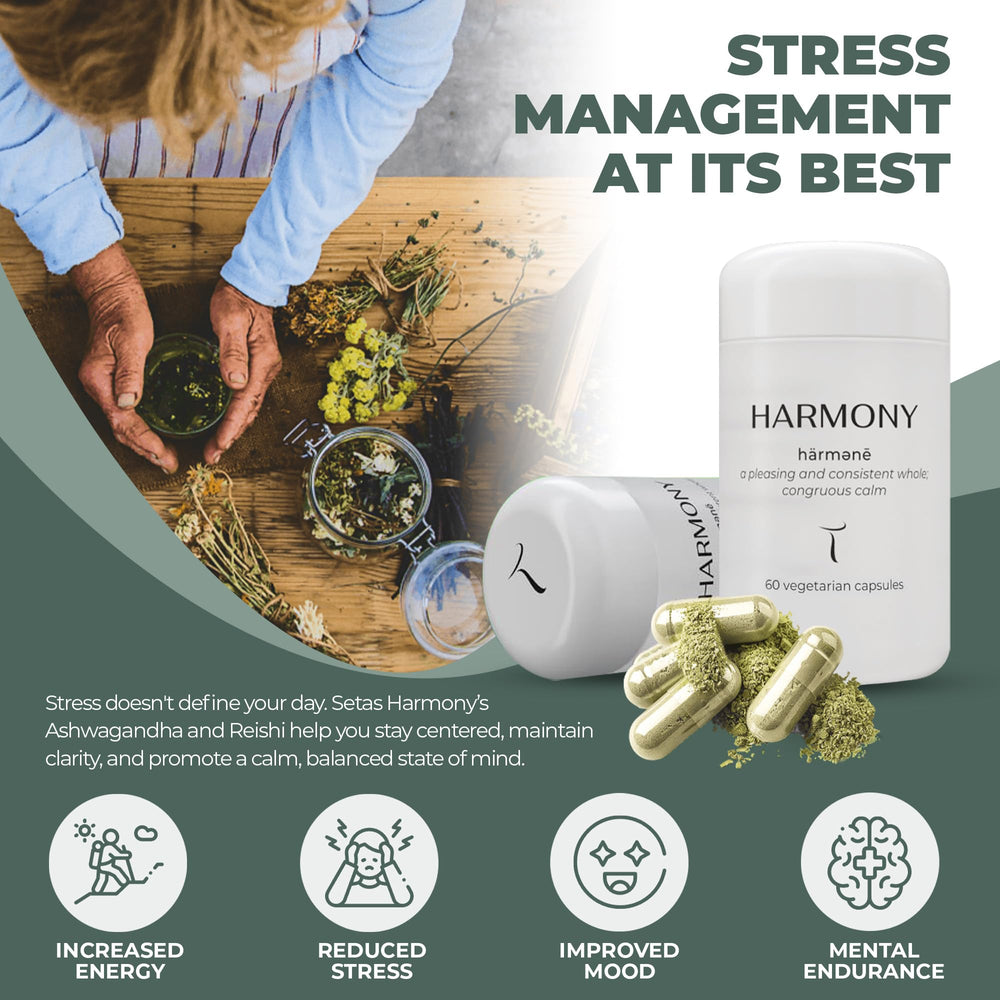 Setas Harmony capsules closeup showing vegan capsules for daily stress support