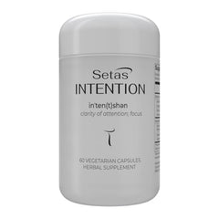 Setas Intention bottle front highlighting vegan, organic cognitive support.