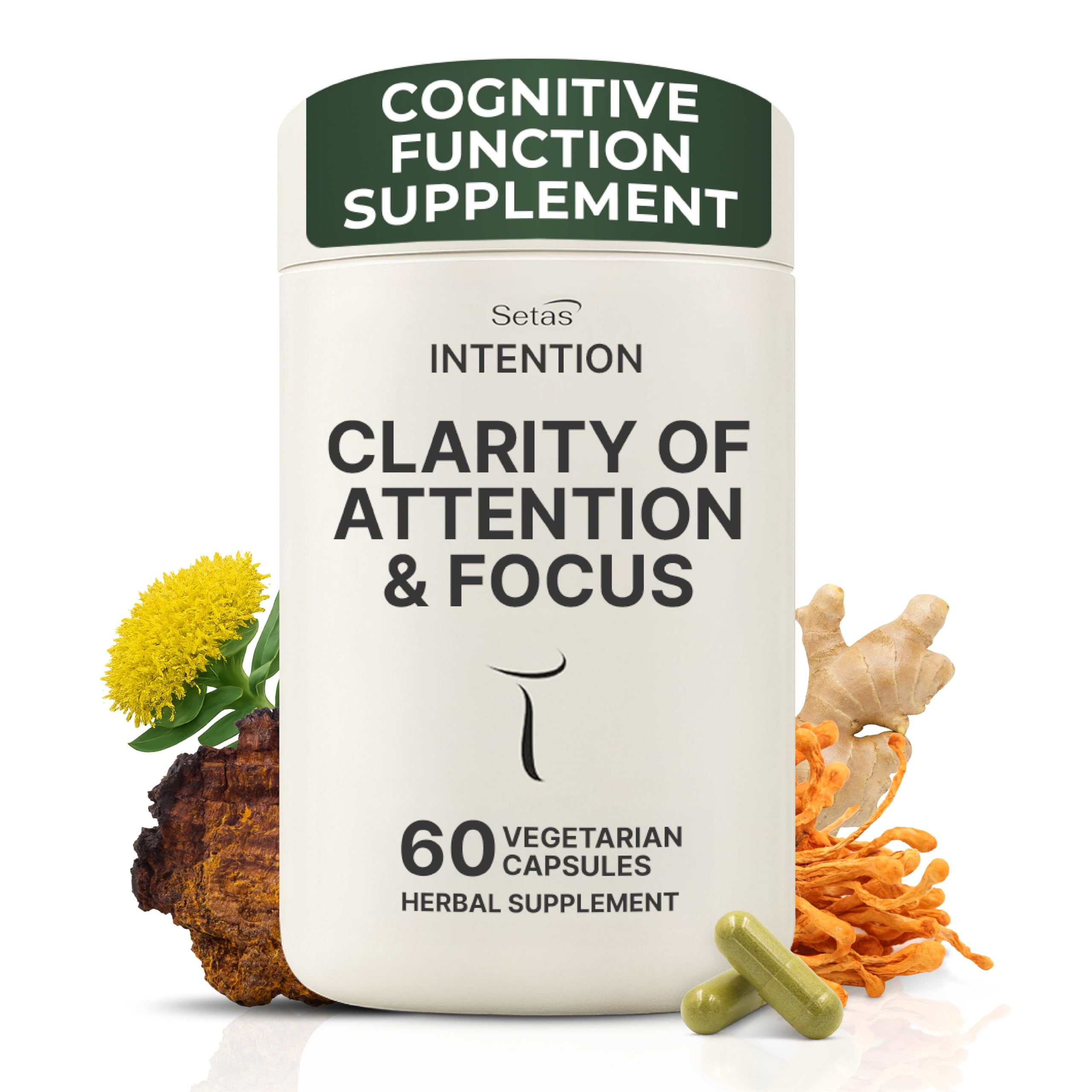 Setas Intention capsules close-up showing vegan formula for focused tasks.