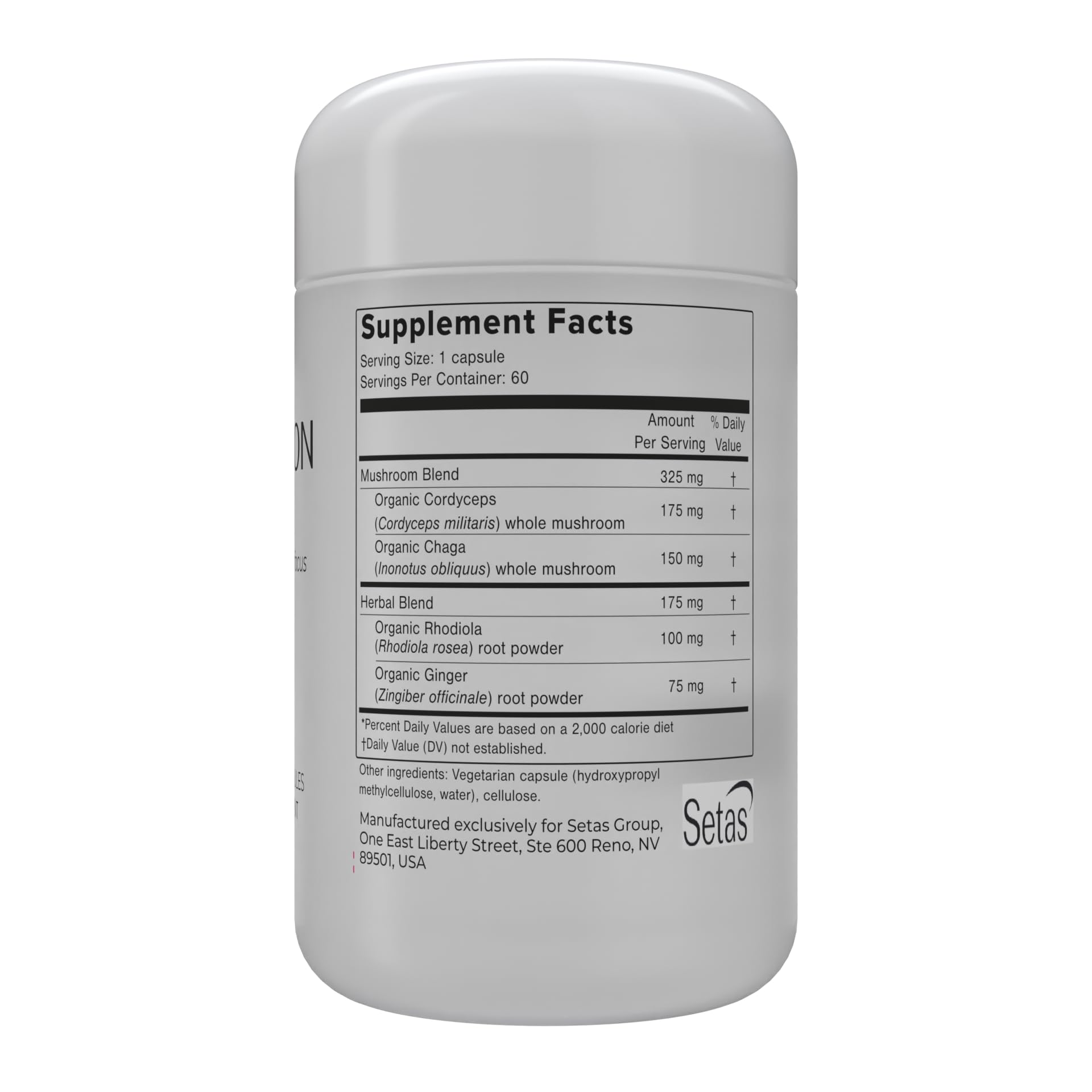 Setas Intention label close-up showing capsule texture and branding.