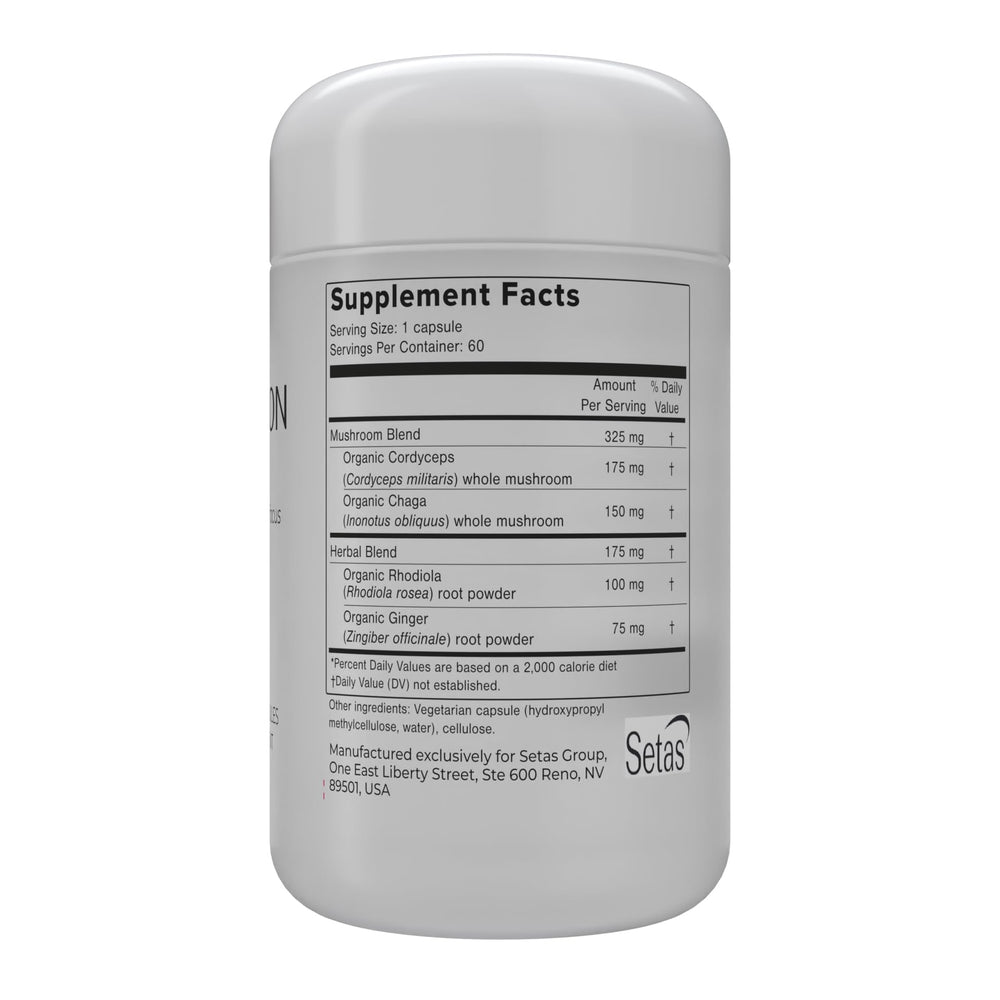 Setas Intention label close-up showing capsule texture and branding.