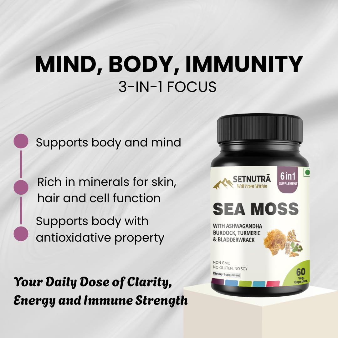 SETNUTRA Ashwagandha capsules showing calming energy support in a vegan formula