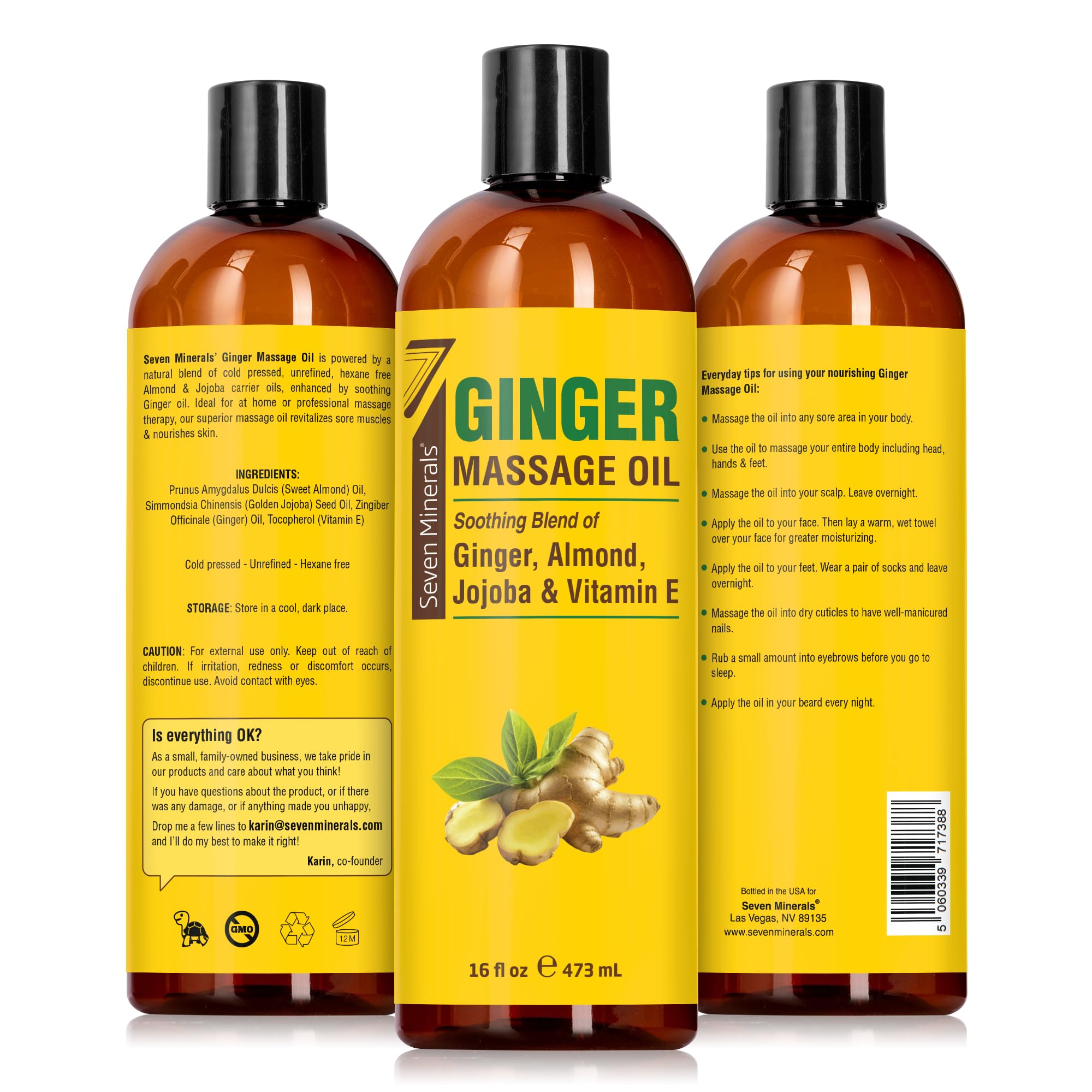 Seven Minerals Ginger Massage Oil 16oz bottle for large sessions