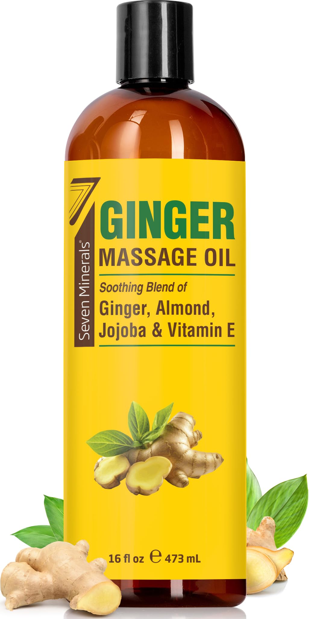 Seven Minerals Ginger Massage Oil bottle pouring for warming relaxation