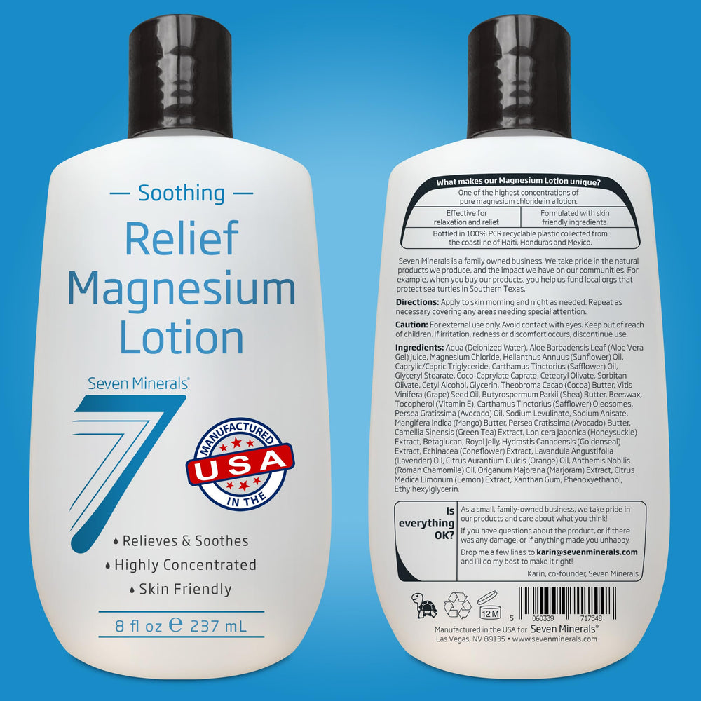Seven Minerals magnesium lotion 8oz packaging communicates practical daily care