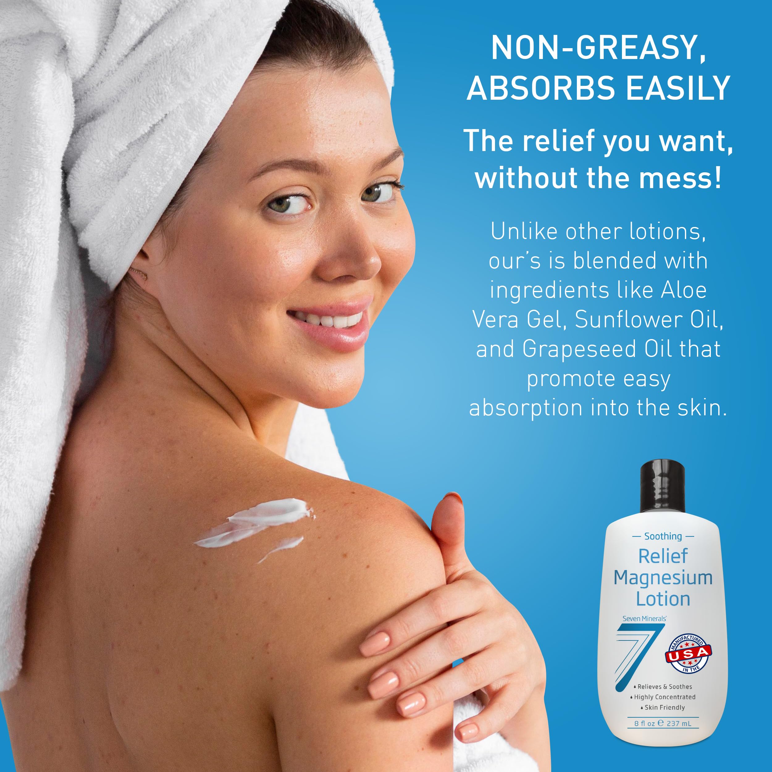 Seven Minerals magnesium lotion sleep-assist image suggests a calm bedtime routine