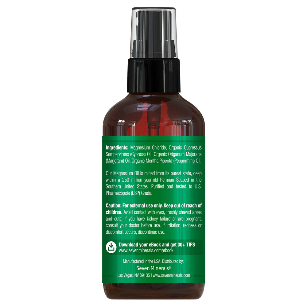 4 oz bottle plus free eBook included with Seven Minerals magnesium oil spray.
