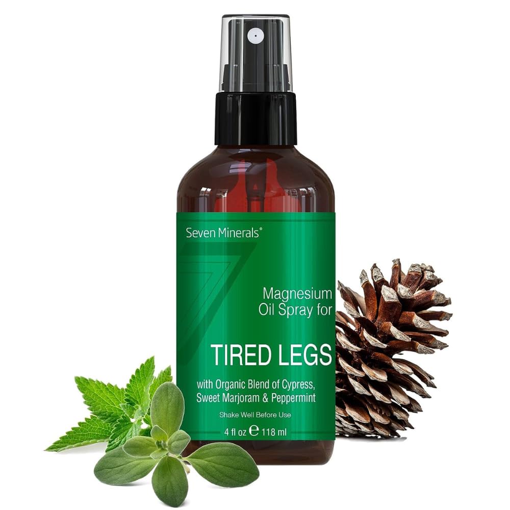 Seven Minerals magnesium oil spray bottle ready for daily use to refresh legs.