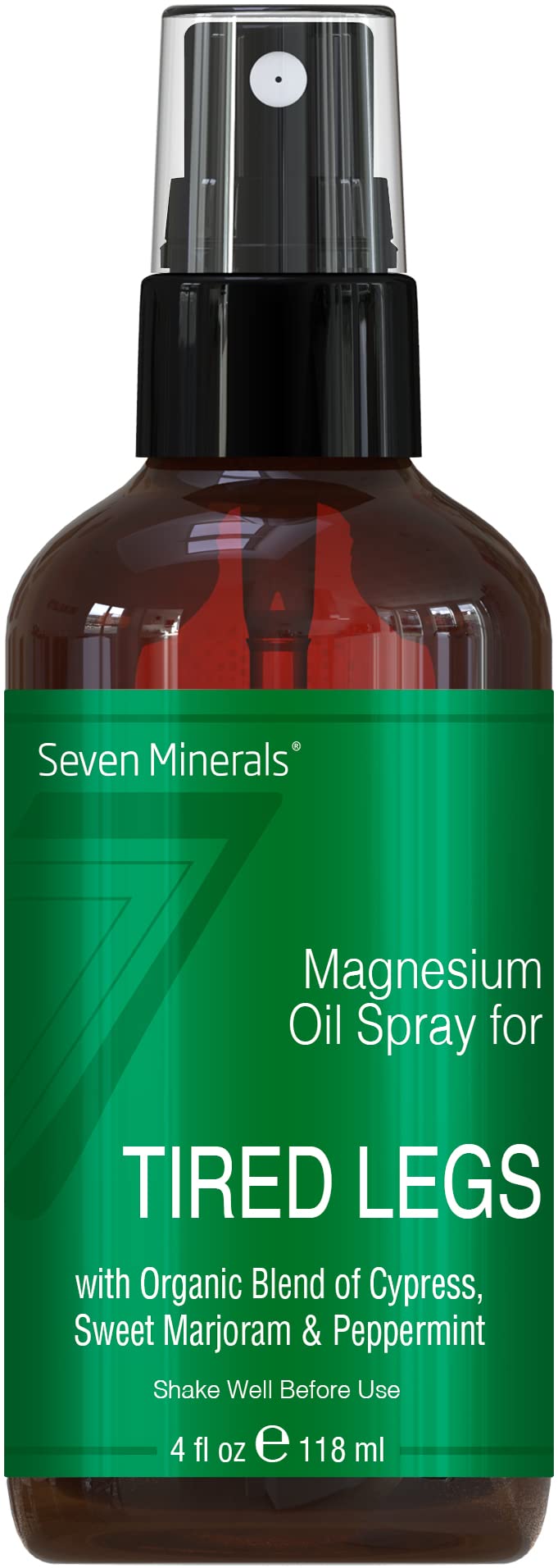 Close-up of Seven Minerals bottle label highlighting essential oil blend for leg comfort.