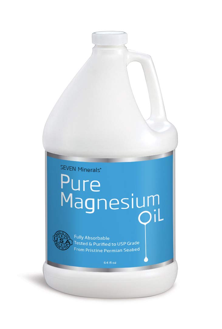 Seven Minerals Pure Magnesium Oil 64 oz bottle for daily topical use and skin absorption.