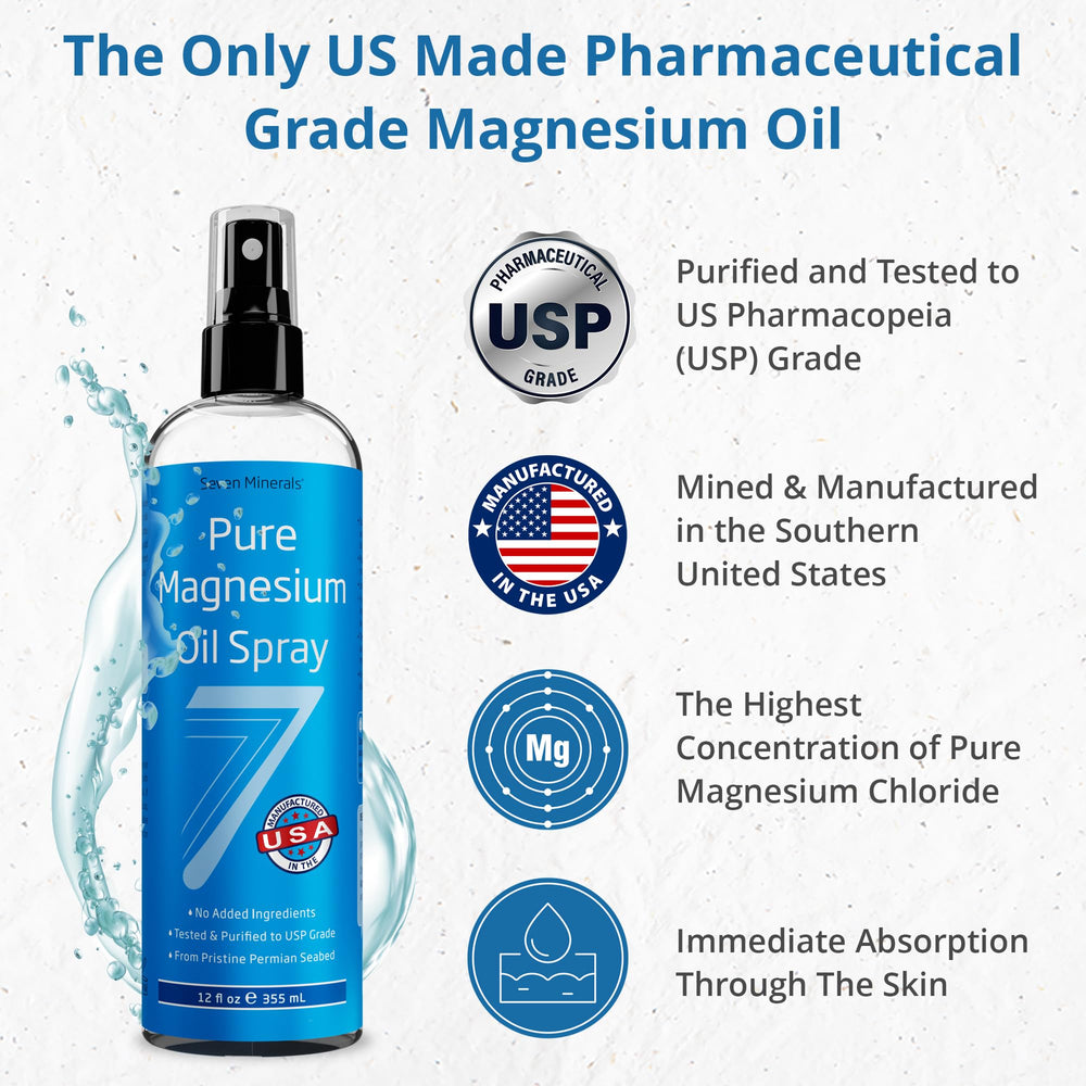 Seven Minerals magnesium oil spray bottle pour demonstrates convenient application.