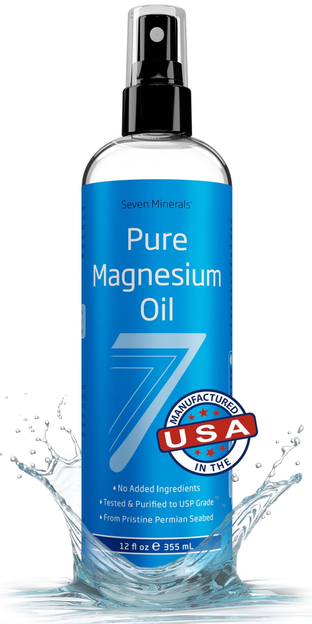 Seven Minerals magnesium oil spray bottle ready for easy topical absorption.