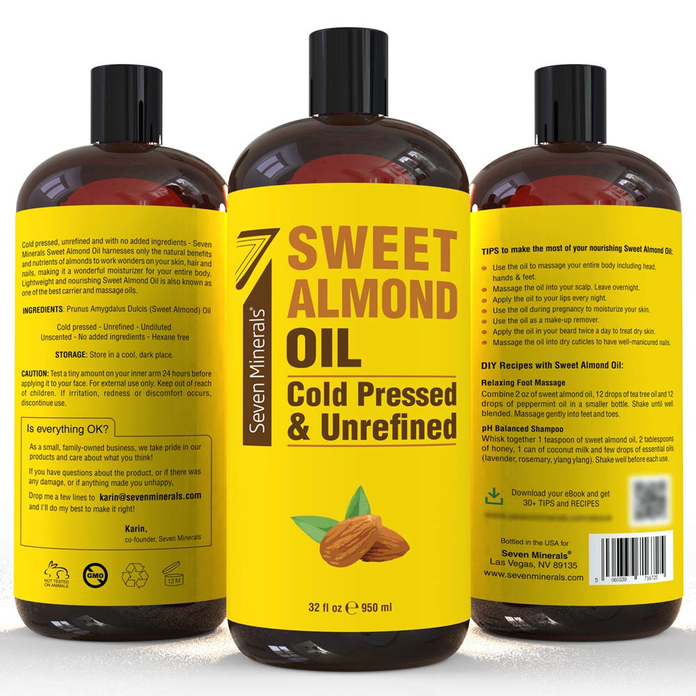 Seven Minerals Sweet Almond Oil on-skin application for hydration and softness.