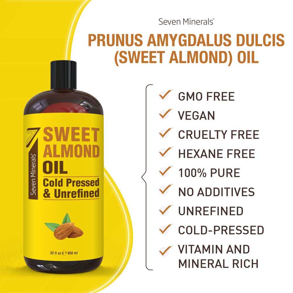 Seven Minerals Sweet Almond Oil one-ingredient formula for carrier oil use.