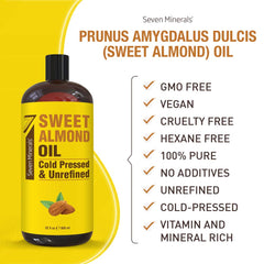 Seven Minerals Sweet Almond Oil one-ingredient formula for carrier oil use.