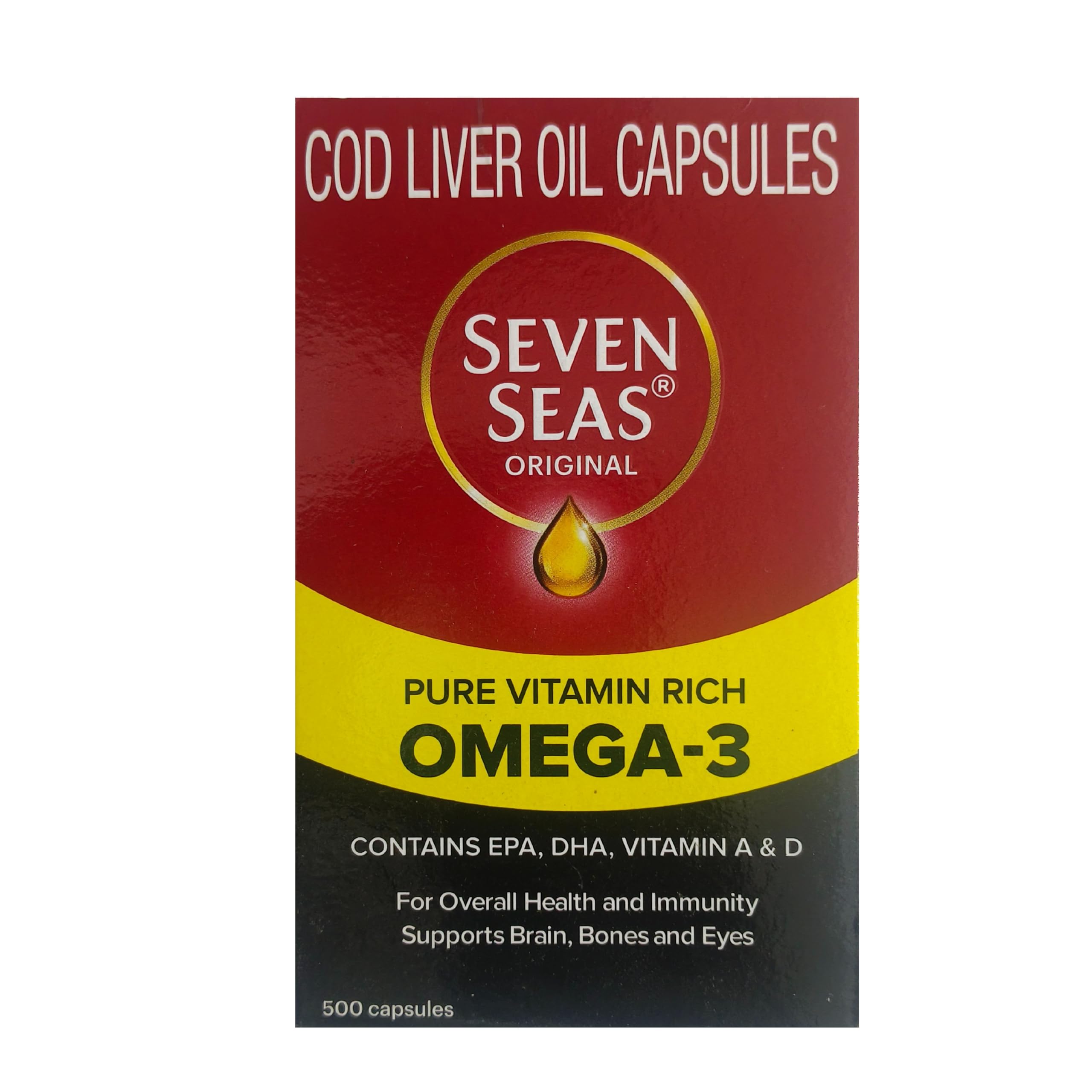 Seven Seas Cod Liver Oil bottle showing capsules for daily omega-3 and vitamin D support.