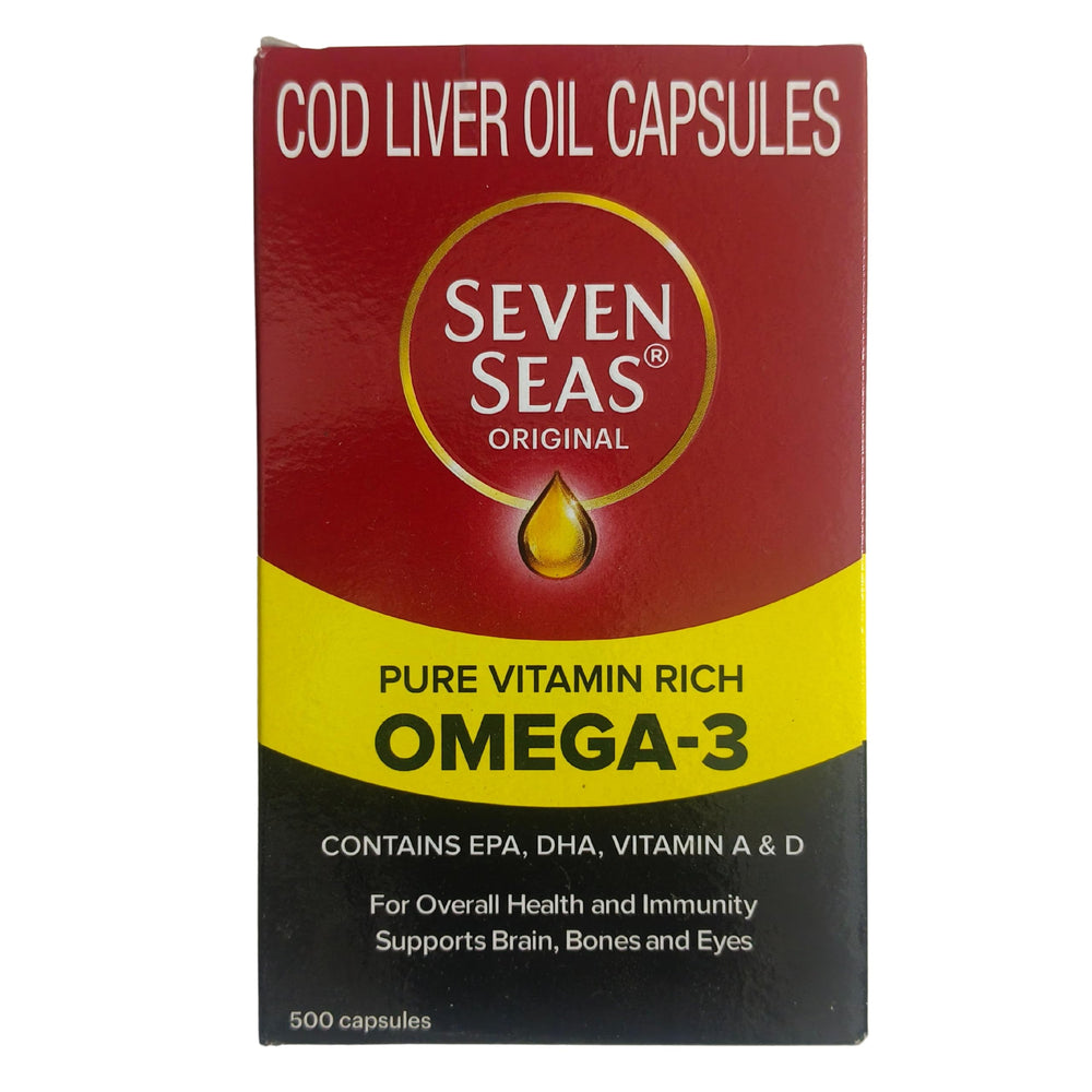 Close-up of Seven Seas Cod Liver Oil capsules ready for daily intake and omega-3 support.