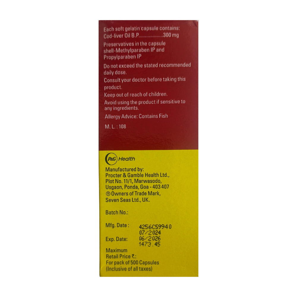 Seven Seas Cod Liver Oil glass bottle emphasizes premium capsules for everyday wellness.