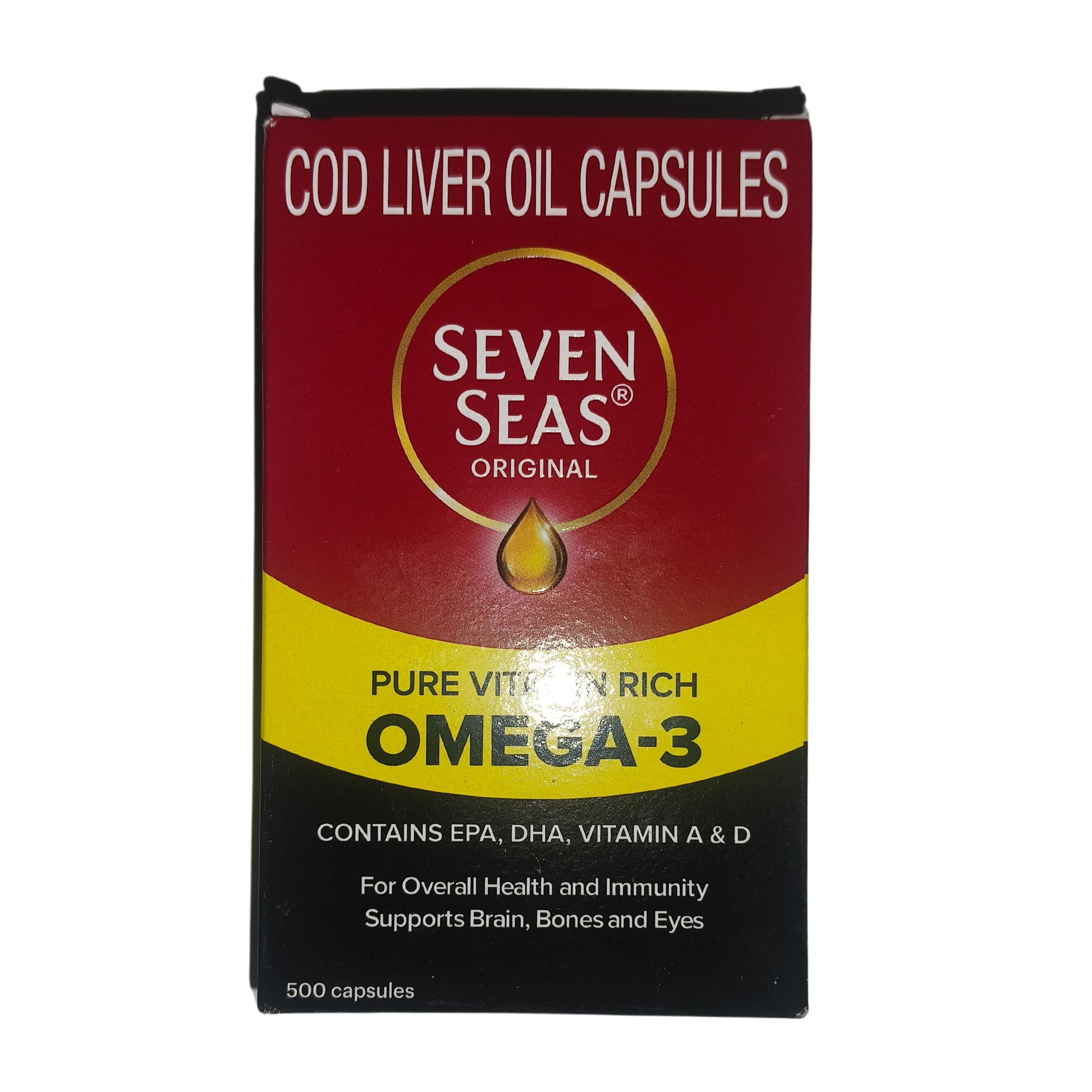 Seven Seas Cod Liver Oil label highlighting omega-3 and vitamins A and D.