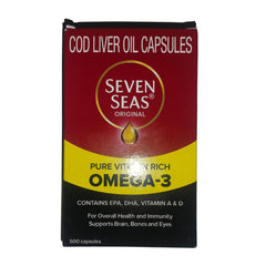 Seven Seas Cod Liver Oil label highlighting omega-3 and vitamins A and D.