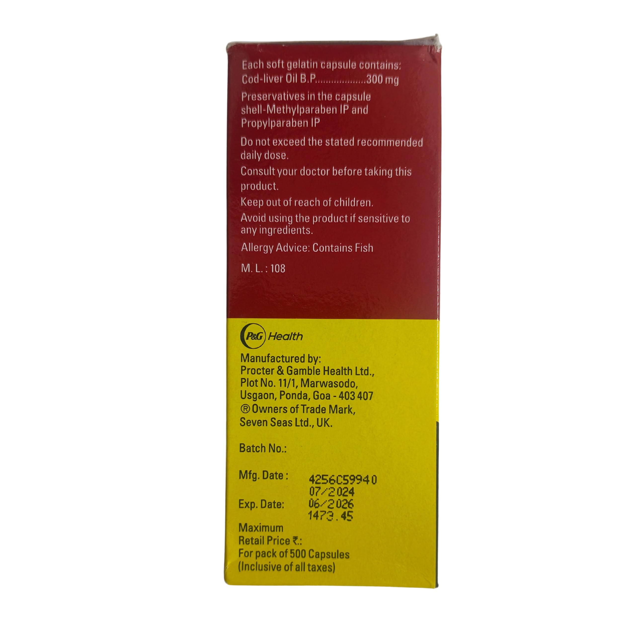 Seven Seas Cod Liver Oil on shelf conveying trusted brand for daily nutrition.