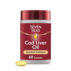 Seven Seas Cod Liver Oil bottle showing packaging for daily Omega-3 support.
