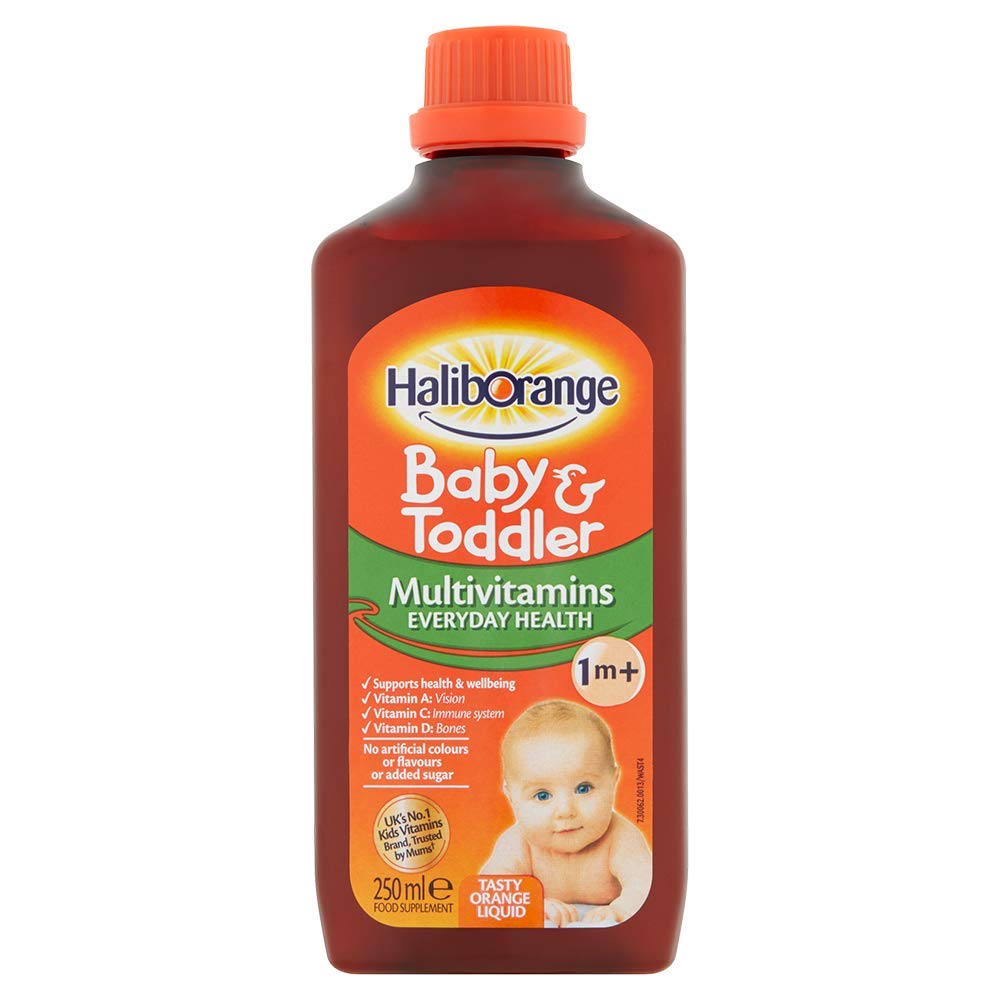 Seven Seas Haliborange bottle with orange flavour supports a daily kids vitamin routine.