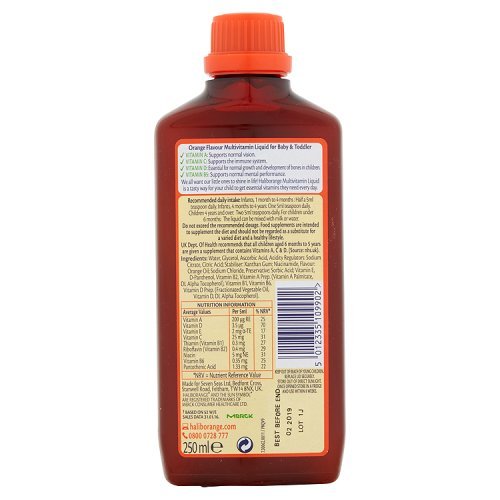 Close-up of Haliborange bottle label highlighting vitamins A, C, D, E and B-complex.