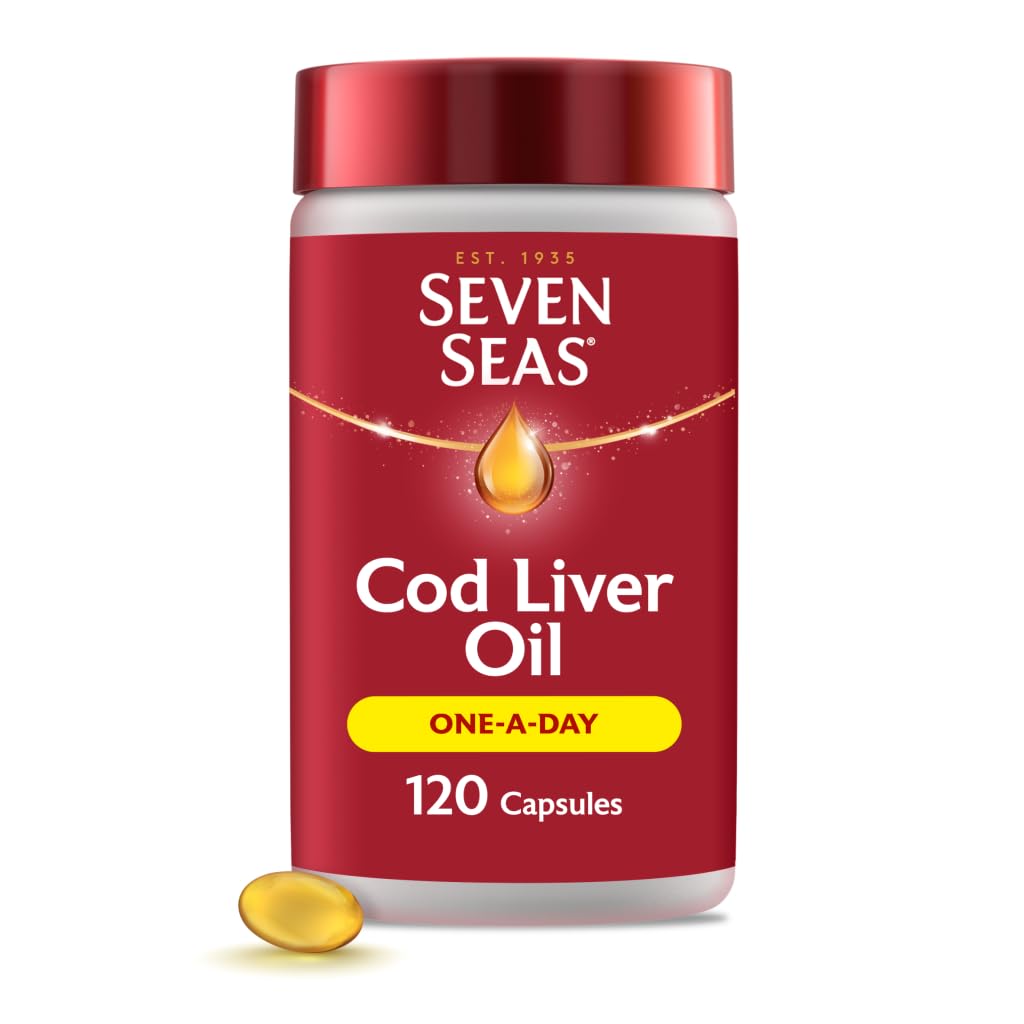 Seven Seas Pure Cod Liver Oil capsules for daily heart and brain support.