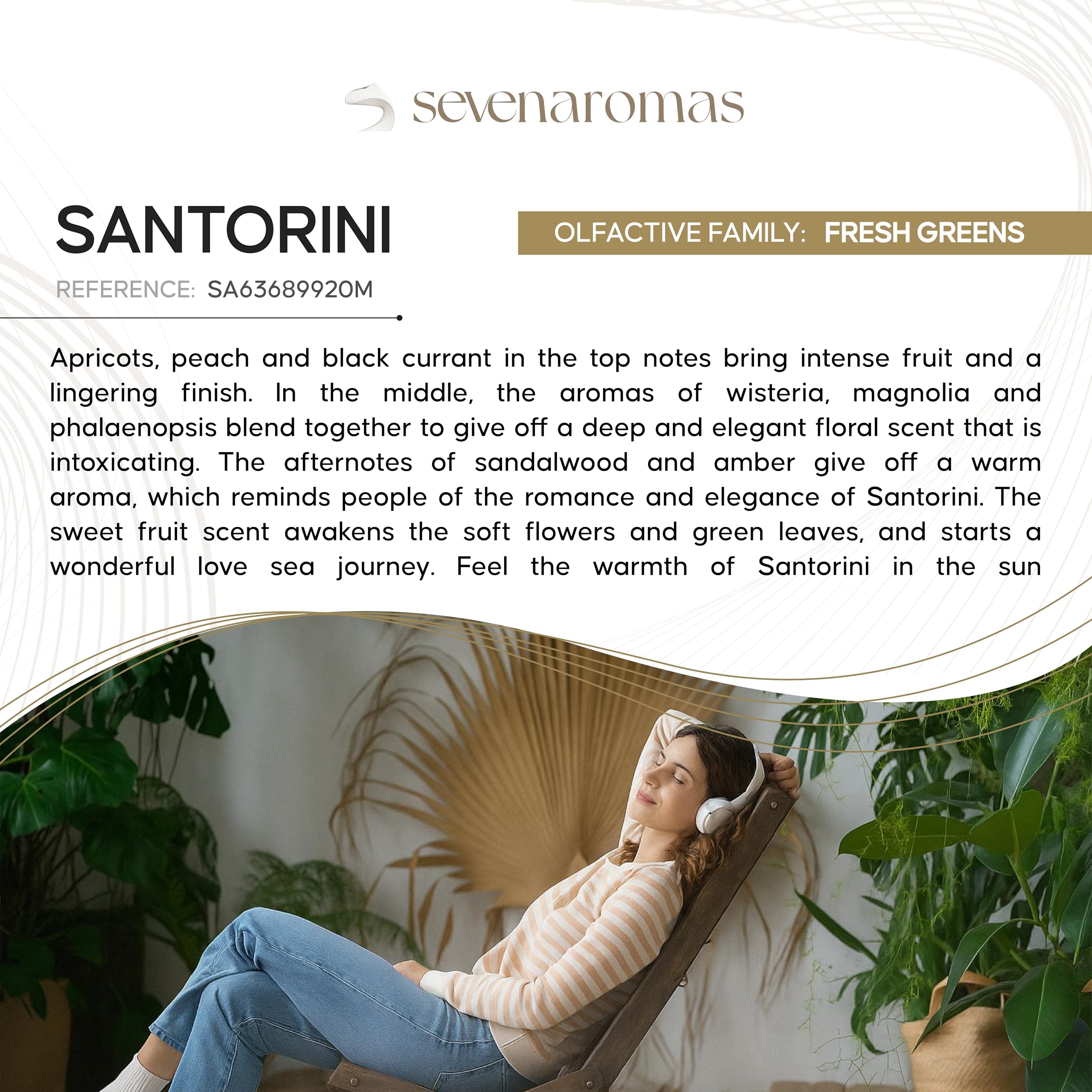 SevenAromas Santorini top-note citrus lifts mood with bright opening.