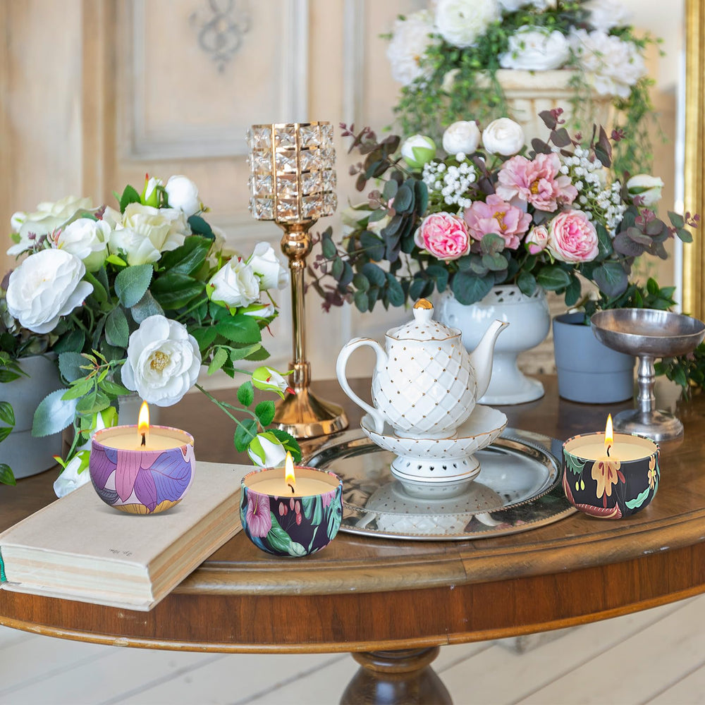 Seven Moons candle jar with floral-pattern lid, a soothing aesthetic.