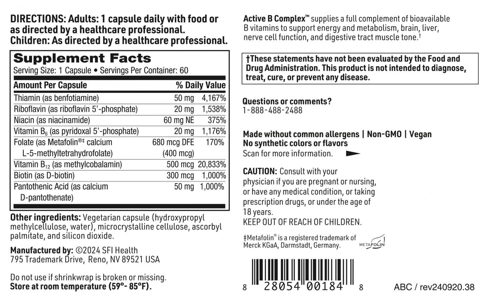 SFI Health Active B Complex label details 60 capsules for daily supplementation.