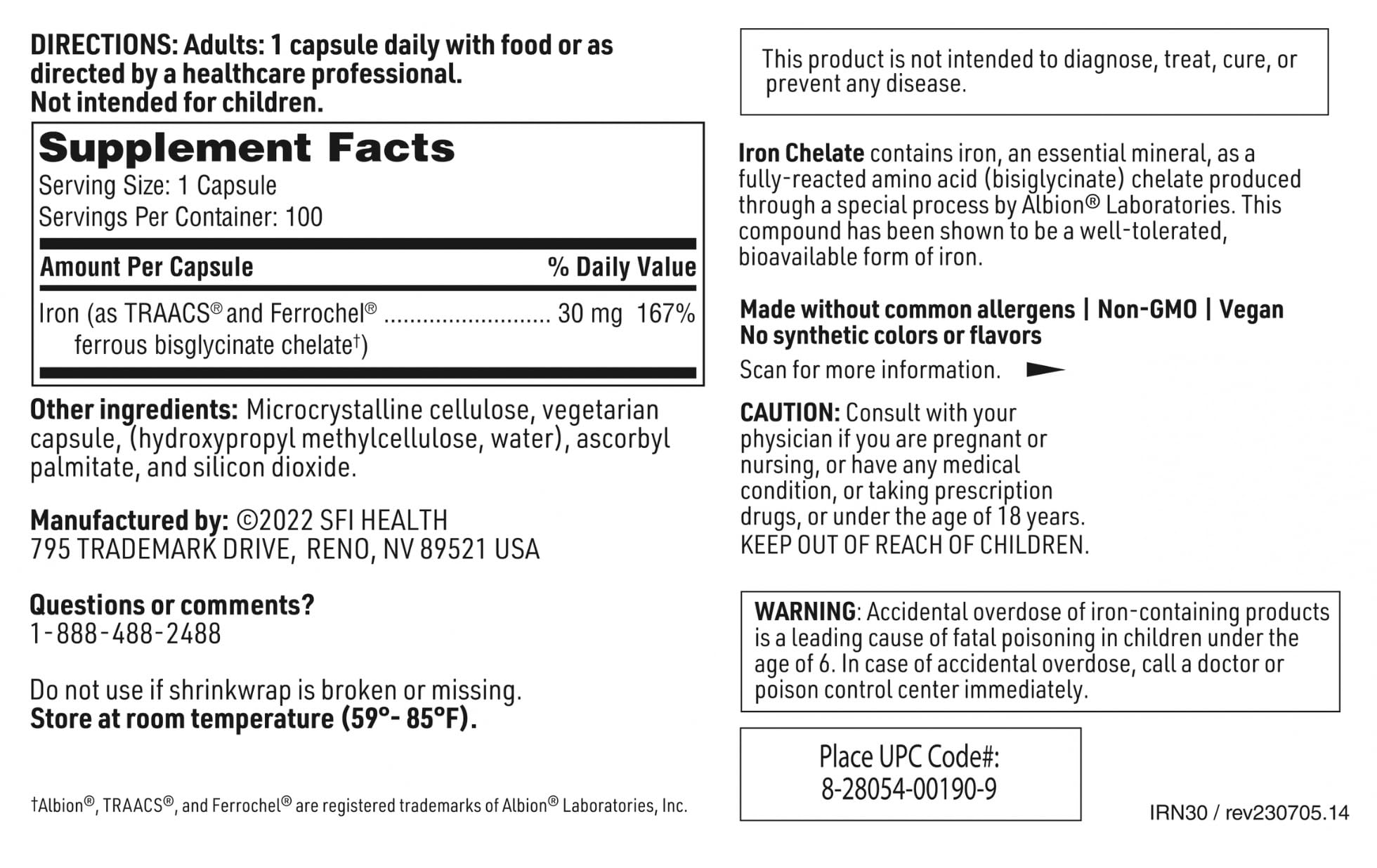 Allergen-free iron supplement suitable for dairy, gluten, and soy sensitive individuals.