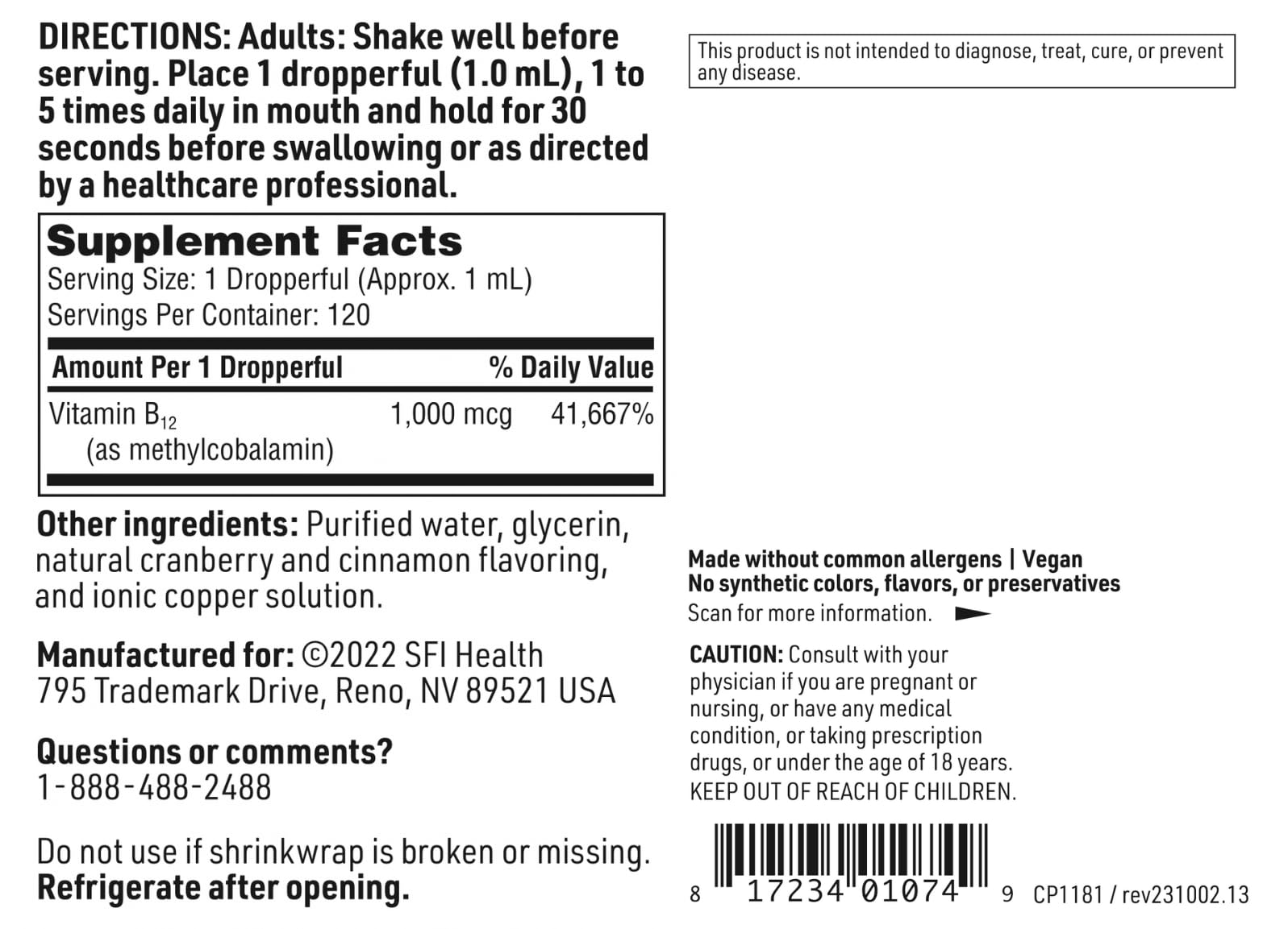 SFI Health B12 liquid package with vegan symbol emphasizing plant-based ingredients