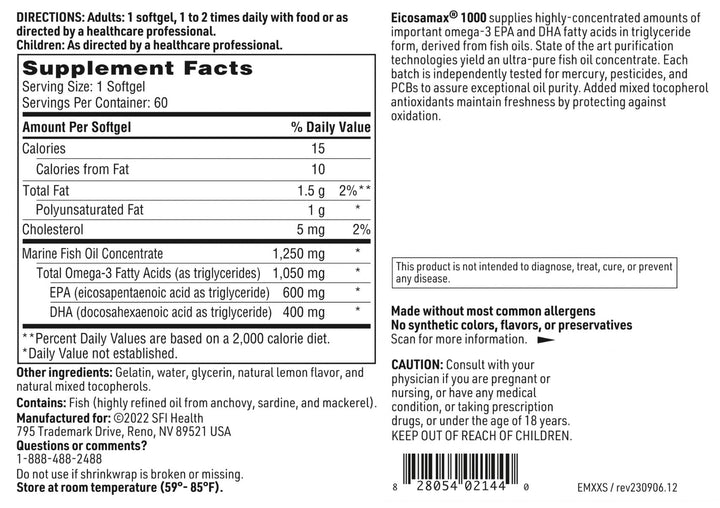 Natural tocopherols protect freshness in SFI Health Eicosamax 1000TG ingredients.