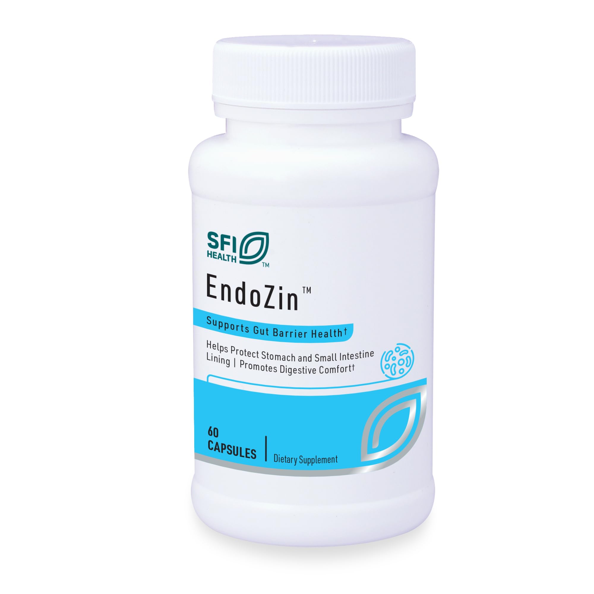 Endozin bottle label by SFI Health showing zinc carnosine and L-glutamine.