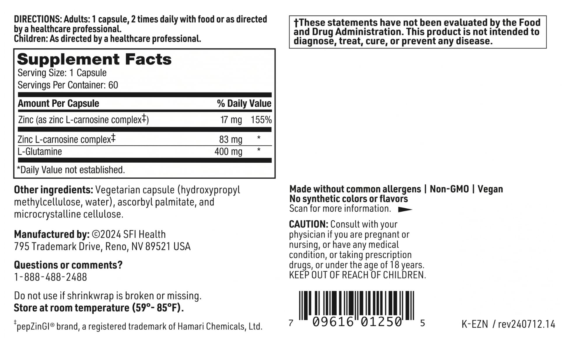 Endozin ingredients icons illustrate zinc carnosine and L-glutamine roles.