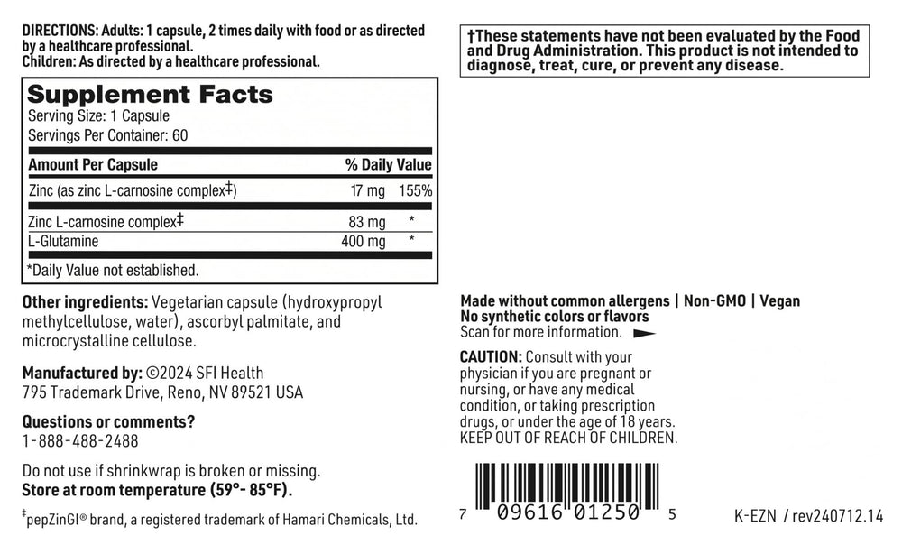 Endozin ingredients icons illustrate zinc carnosine and L-glutamine roles.