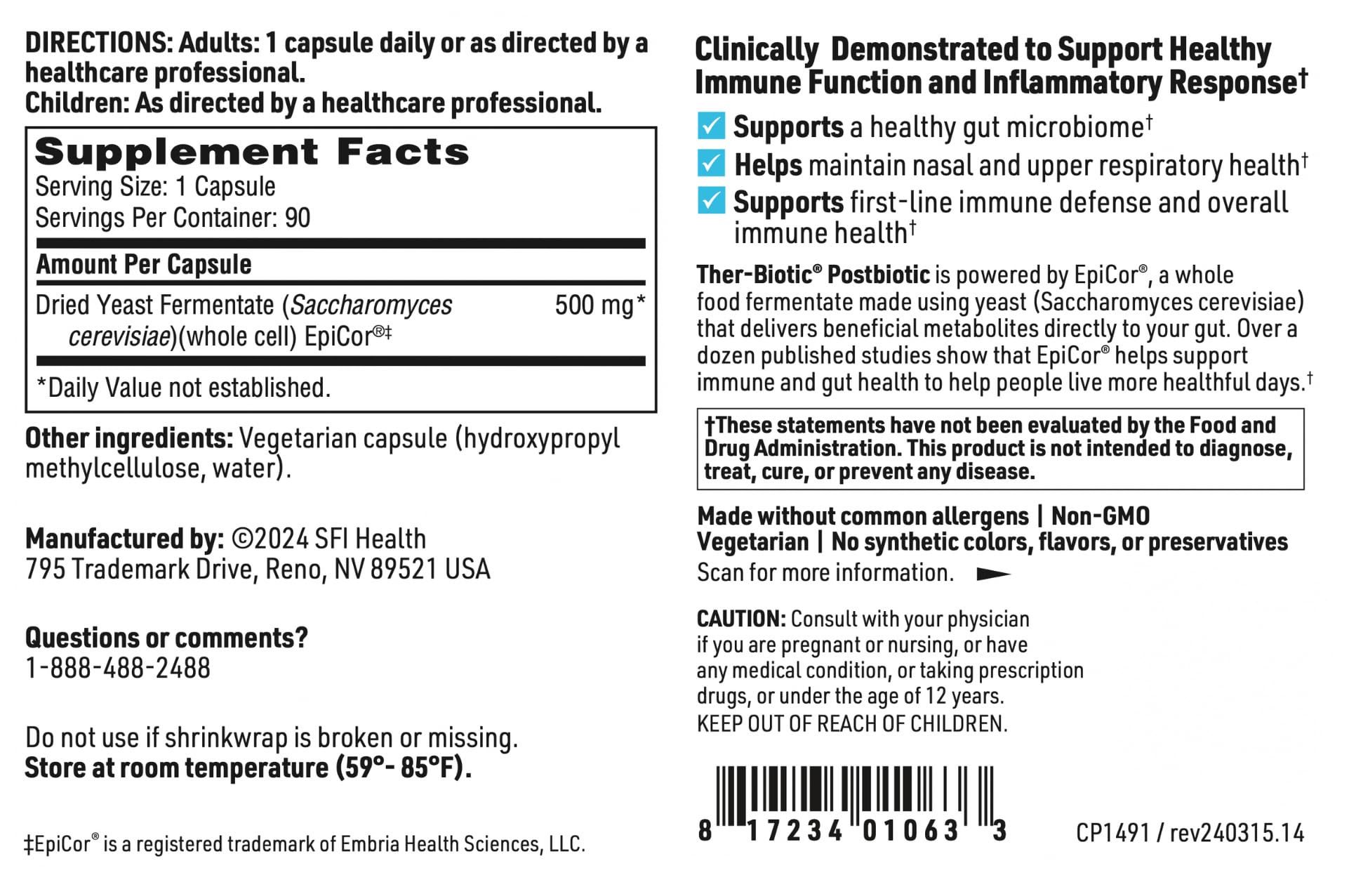 SFI Health EpiCor capsules are gluten-free and dairy-free for sensitive diets.