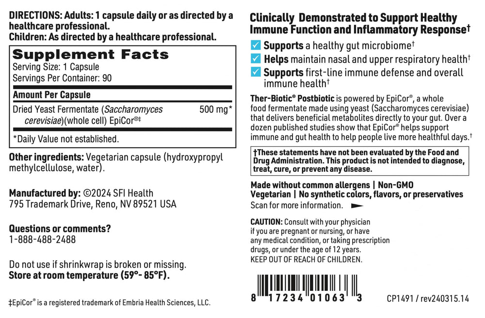 SFI Health EpiCor capsules are gluten-free and dairy-free for sensitive diets.