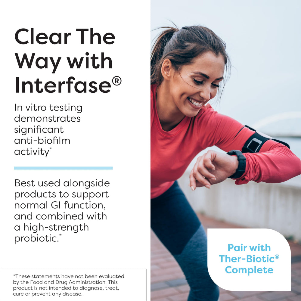Illustration of biofilm disruption by InterFase enzymes supporting gut health.