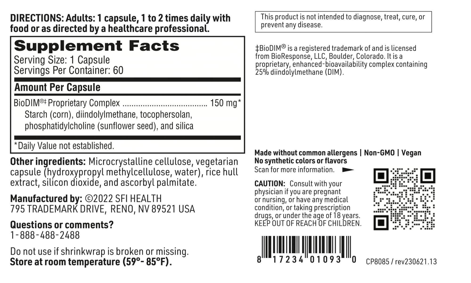 Allergen-free Klaire BioDIM label emphasizing dairy, gluten, soy free formulation