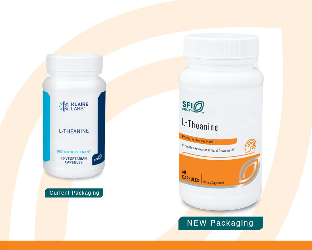 SFI Health Klaire L-Theanine bottle label close-up with Suntheanine details.