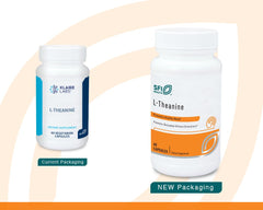 SFI Health Klaire L-Theanine bottle label close-up with Suntheanine details.