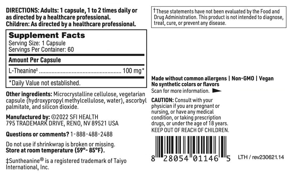 SFI Health Klaire L-Theanine hypoallergenic icons for allergen-free assurance.