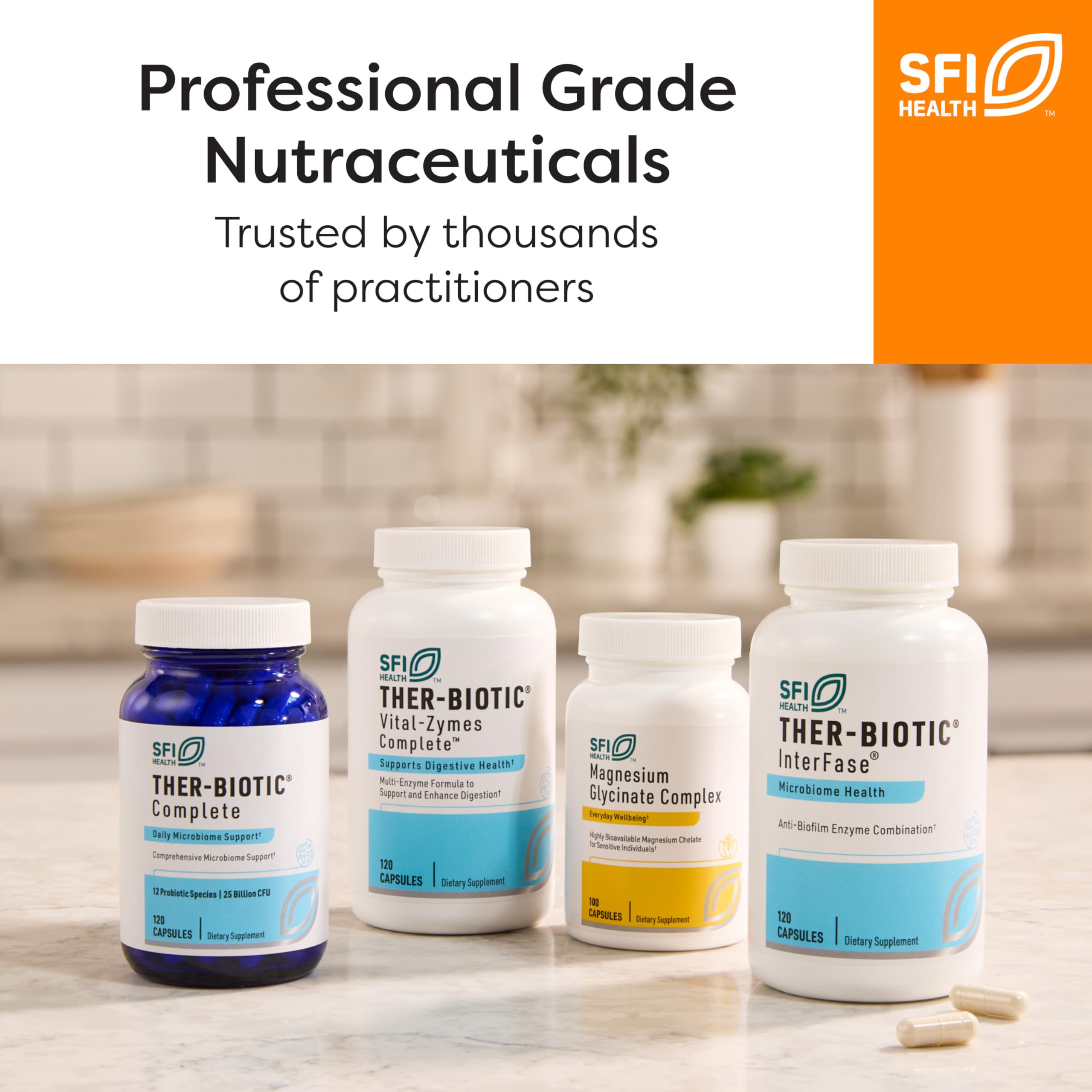 SFI Health Klaire Labs 5-HTP capsules beside water for daily use.