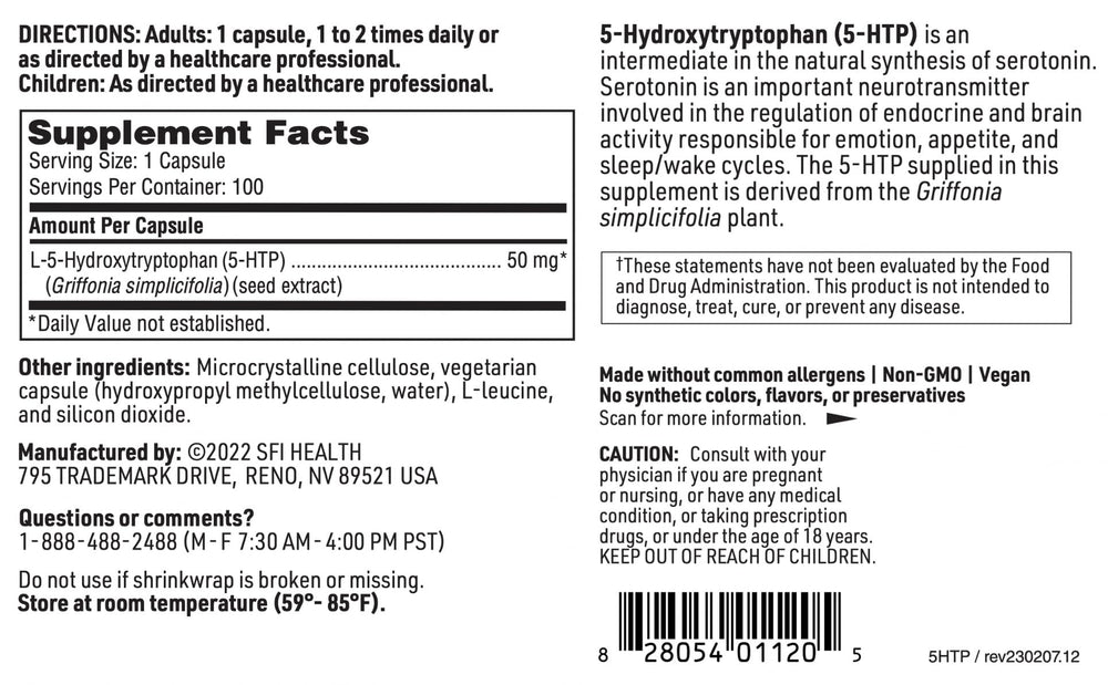 SFI Health Klaire Labs 5-HTP packaging emphasizes allergen-free formulation.