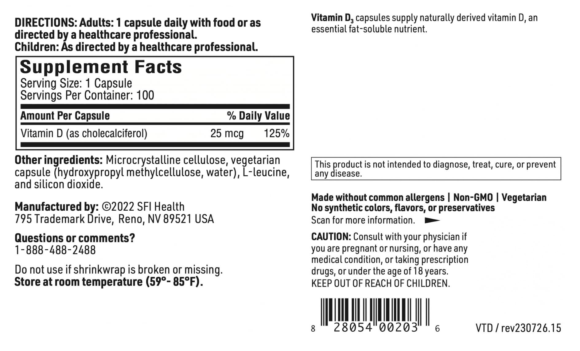 SFI Health Klaire Labs D3 label nutrition facts showing calcium absorption support