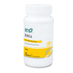 SFI Health Klaire Labs DHEA 10mg bottle with capsules, micronized for absorption benefits.