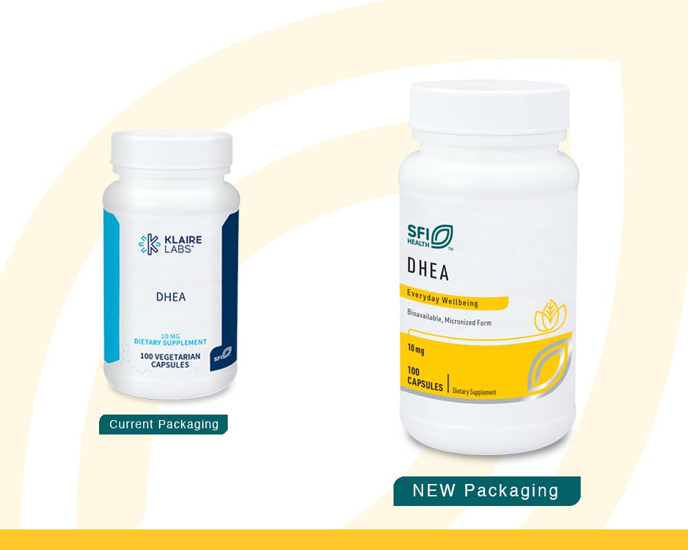 SFI Health Klaire Labs DHEA 10mg capsules highlight hypoallergenic formulation.